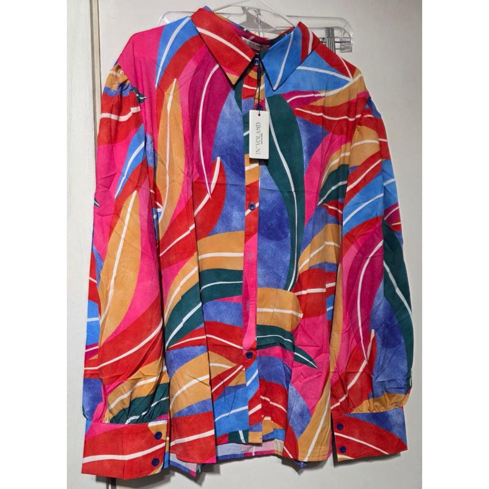 Women's IN'VOLAND Plus 22W Button Down‎ Shirt in Pink and Blue